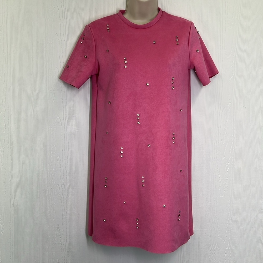 Zara - Pink Faux Suede Jewel Rhinestone Light Short Sleeve Mini Dress Size XS - Picture 2 of 13